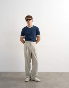 Wide leg belted textured trouser in stone