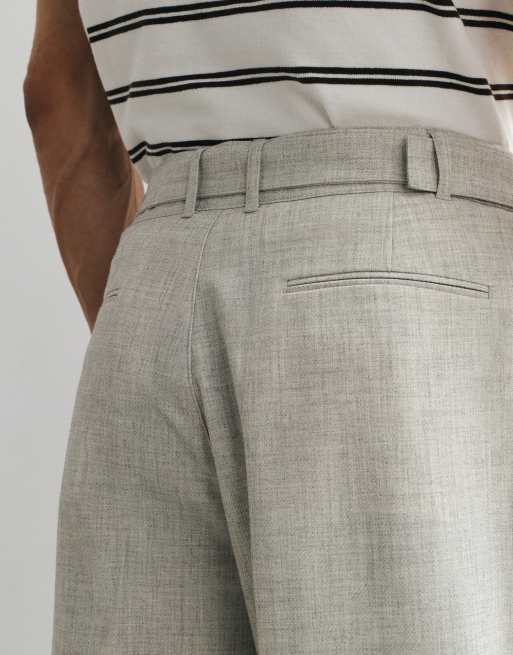 Topman wide leg belted textured trouser in stone, 3 of 9