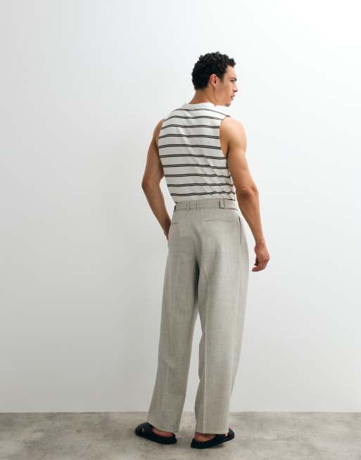 Topman wide leg belted textured trouser in stone, 4 of 9