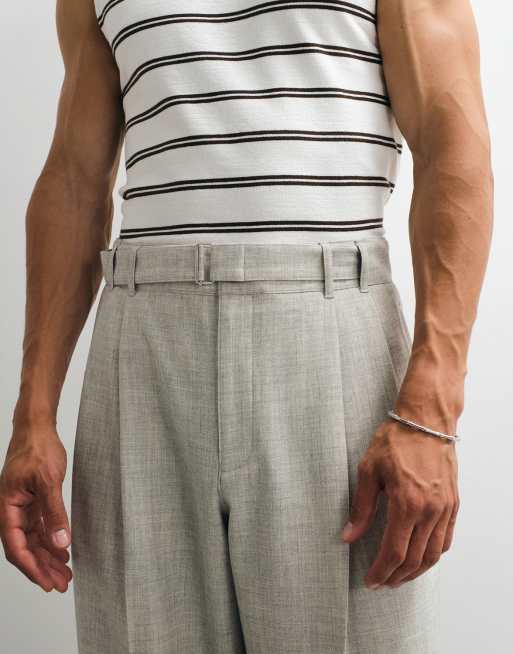 Topman wide leg belted textured trouser in stone, 5 of 9