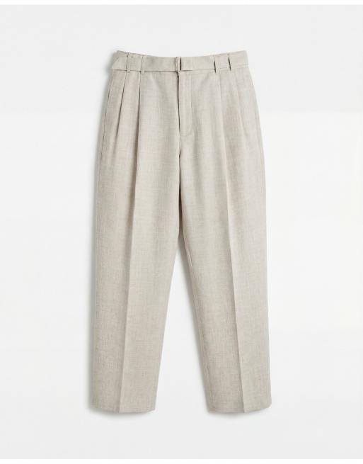 Topman wide leg belted textured trouser in stone, 6 of 9