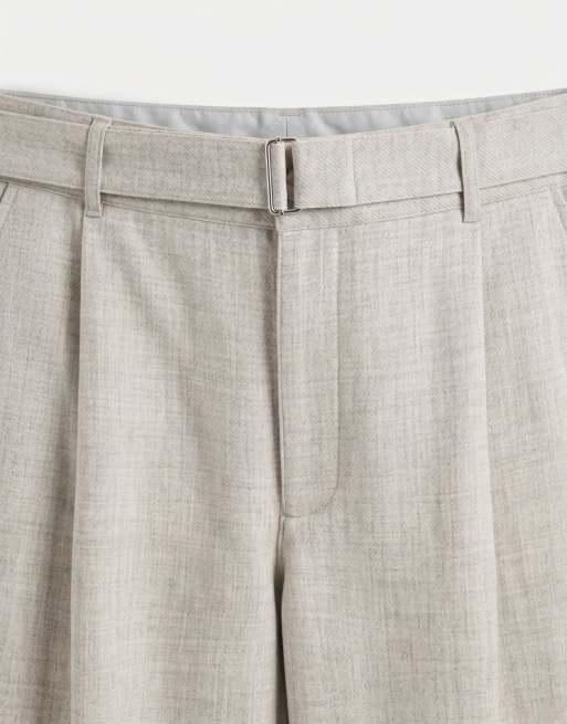 Topman wide leg belted textured trouser in stone, 8 of 9