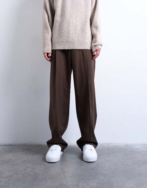 Topman wide leg belted twill smart trousers in chocolate