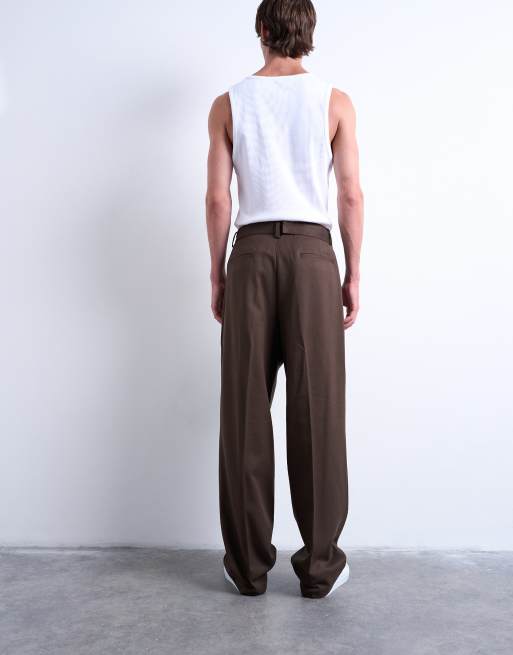 Topman wide leg belted twill smart trousers in chocolate
