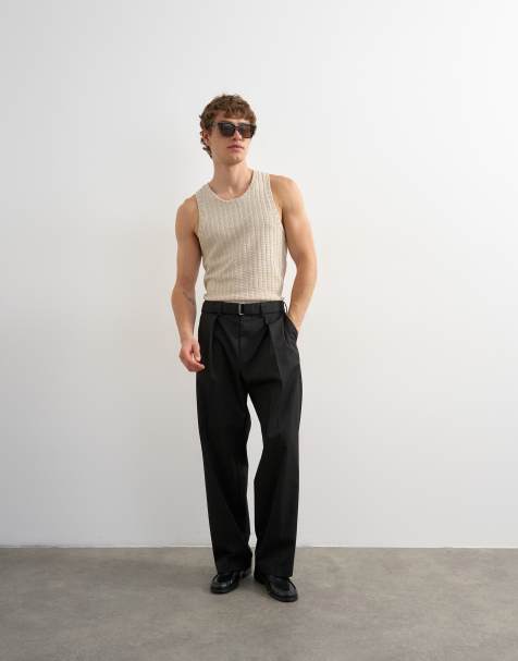 Topman wide leg belted twill pants in black - view 1