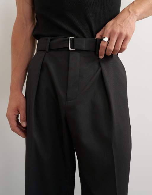 Topman wide leg belted twill pants in black, 4 of 7