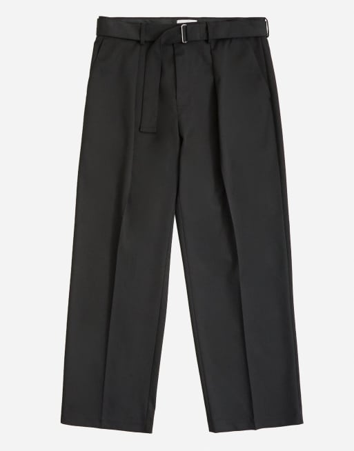 Topman wide leg belted twill pants in black, 6 of 7