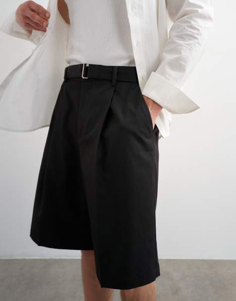 Topman wide leg belted twill shorts in black - view 1