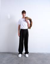 Topman wide leg belted twill smart trousers in black