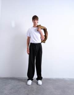 Wide leg belted twill smart trousers in black