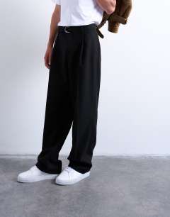Model wearing Wide leg belted twill smart trousers in black