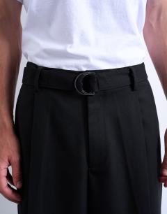 Model wearing Wide leg belted twill smart trousers in black