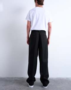 Model wearing Wide leg belted twill smart trousers in black