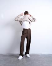 Topman wide leg belted twill smart trousers in chocolate