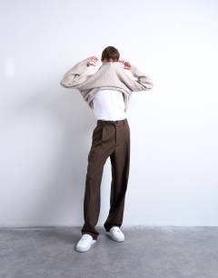 Wide leg belted twill smart trousers in chocolate