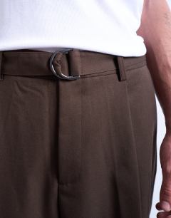 Model wearing Wide leg belted twill smart trousers in chocolate