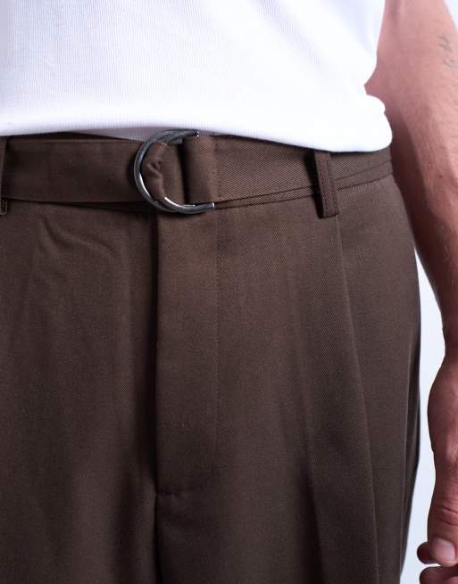 Topman wide leg belted twill smart trousers in chocolate, 4 of 5