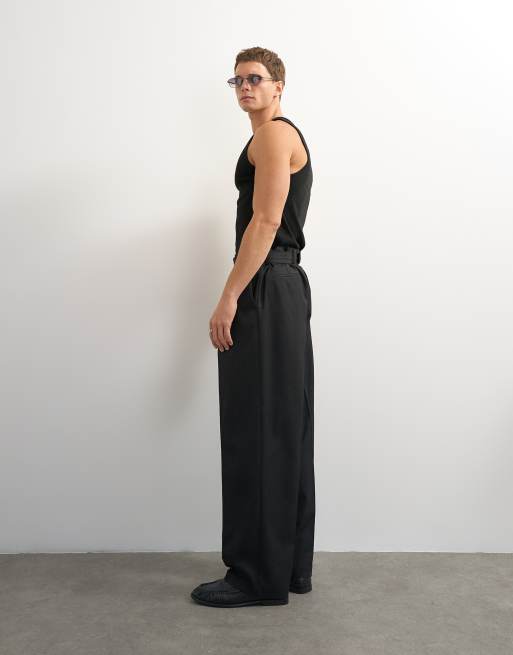 Topman wide leg belted twill trouser in black, 2 of 7