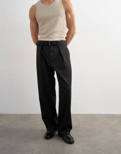 Model wearing Wide leg belted twill trouser in black