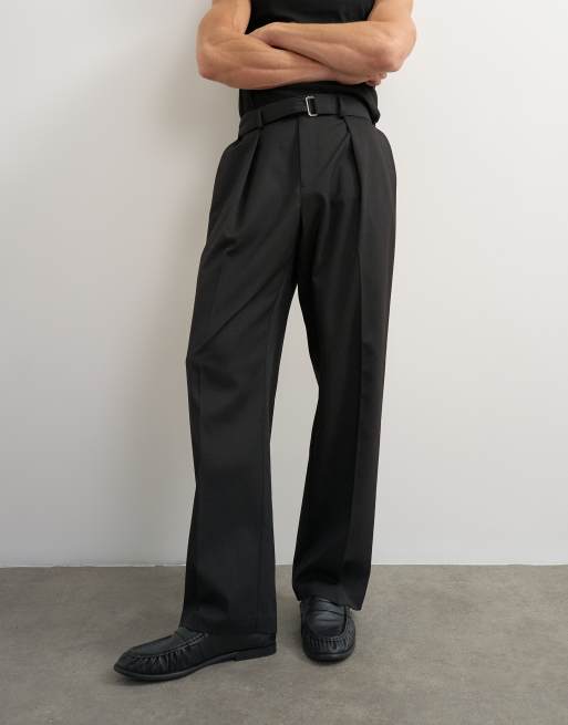 Topman wide leg belted twill trouser in black, 3 of 7