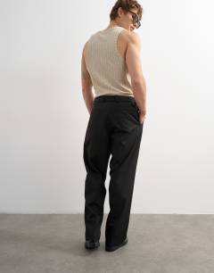 Model wearing Wide leg belted twill trouser in black