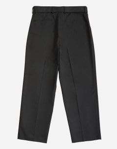 Model wearing Wide leg belted twill trouser in black