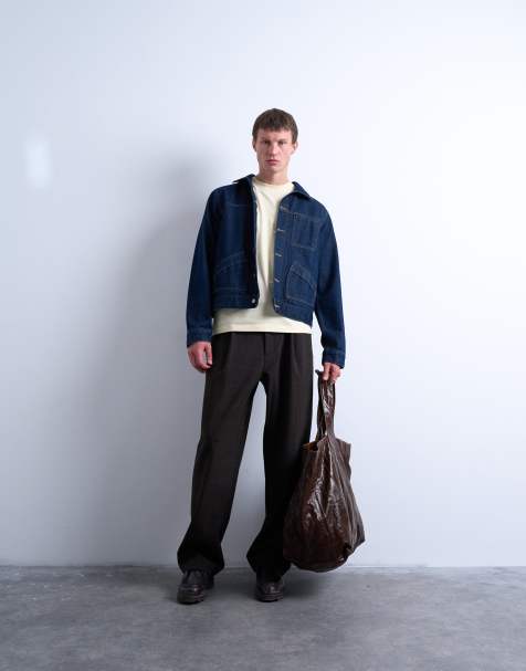 Topman wide leg check smart trousers in chocolate - view 1