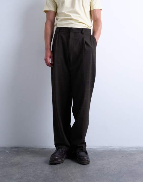 Topman wide leg checked smart pants in chocolate - view 1