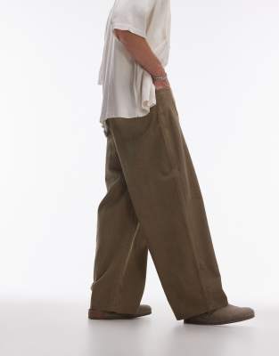 wide leg cord pants in stone-Neutral