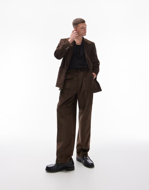 Topman wide leg cord suit trouser in brown - view 1