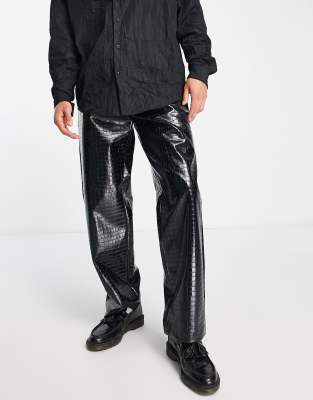 Black Croc Faux Leather Straight Leg Trousers