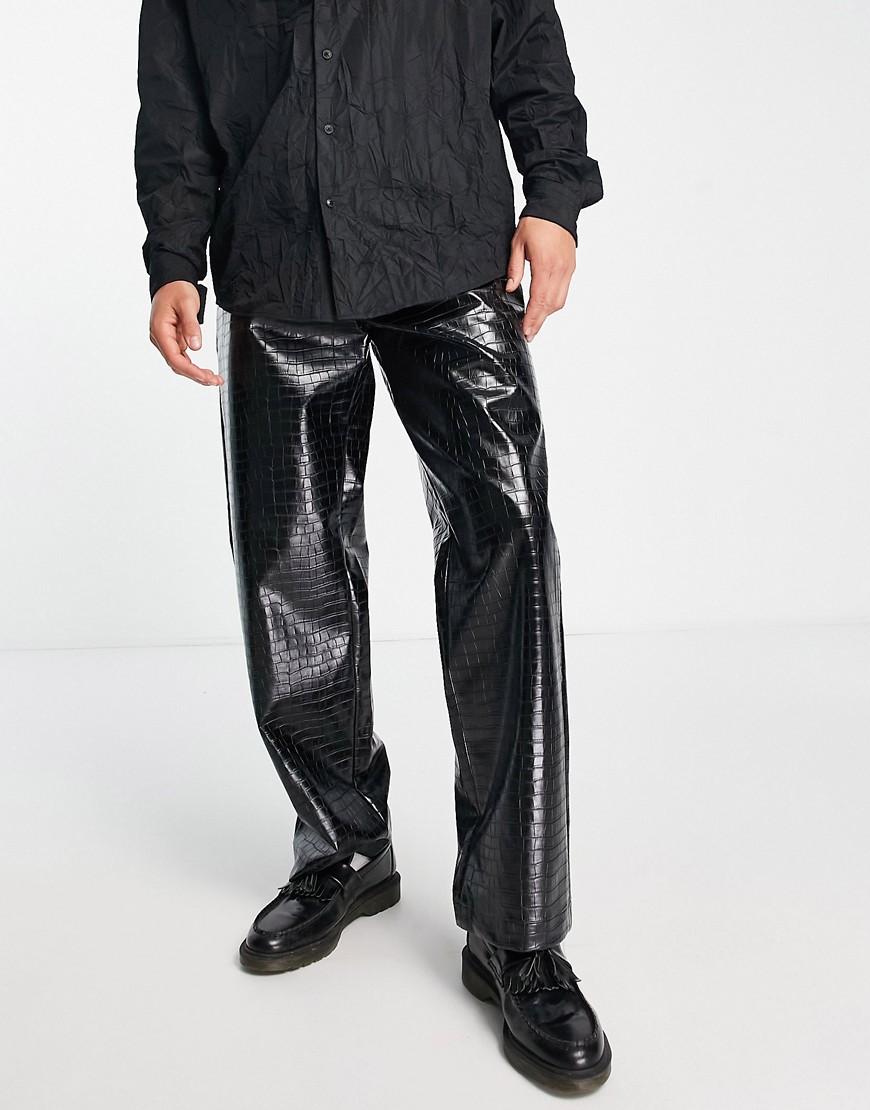 Topman wide leg croc faux leather trousers in black