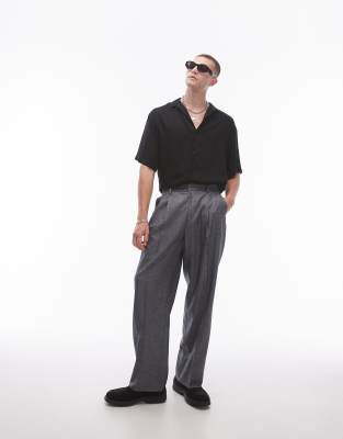 Topman Wide Leg Cross Hatch Suit Pants In Gray