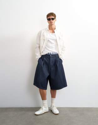 Topman Wide Leg Denim Bermuda Shorts With Pronounced Pleat In Blue