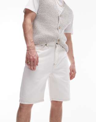 Topman Wide Leg Denim Shorts In Ecru-neutral