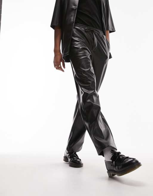 Topman wide leg faux leather pants in black