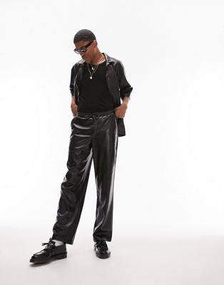 Topman wide leg faux leather trousers in black