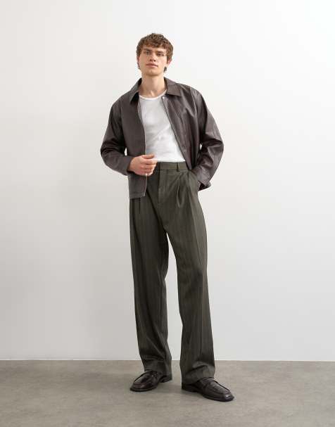 Topman wide leg herringbone stripe trouser in charcoal