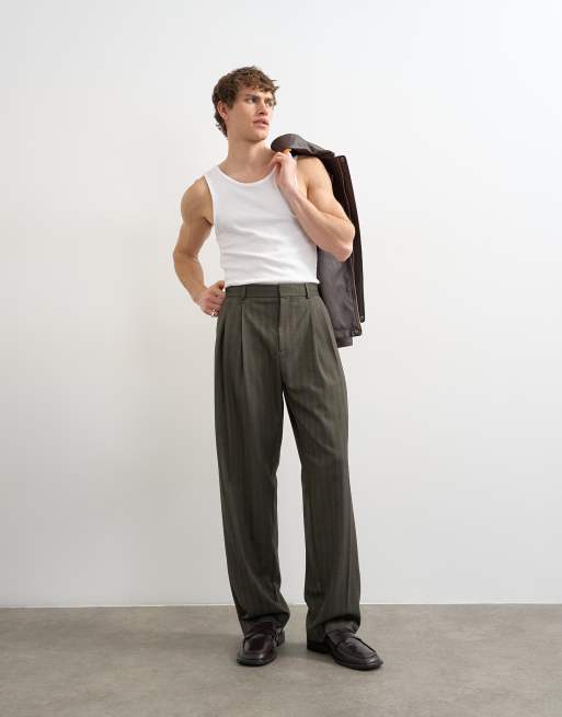 Topman wide leg herringbone striped pants in charcoal, 3 of 5