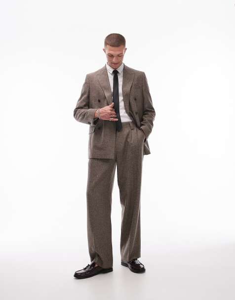 Topman wide leg herringbone suit pants in brown - view 1