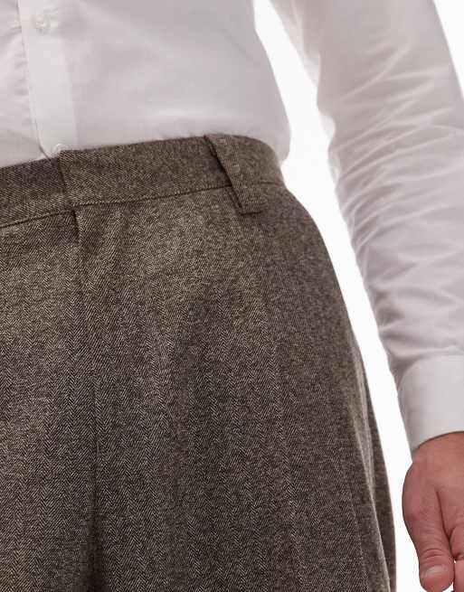 Topman wide leg herringbone suit pants in brown | ASOS