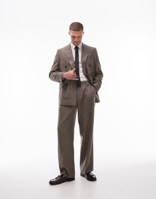 Topman wide leg herringbone suit trouser in brown - view 1