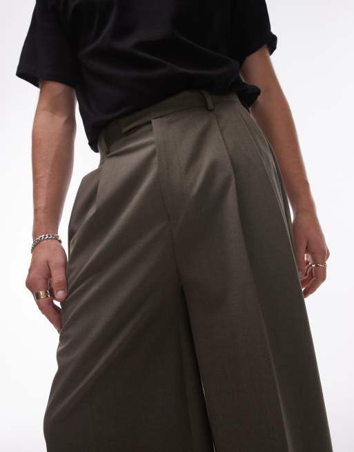 Topman wide leg high waist trousers in khaki, 4 of 5