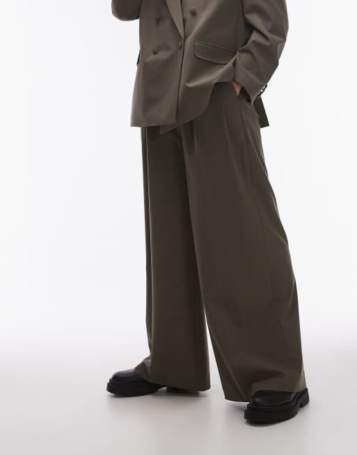 Topman wide leg high waist trousers in khaki, 5 of 5