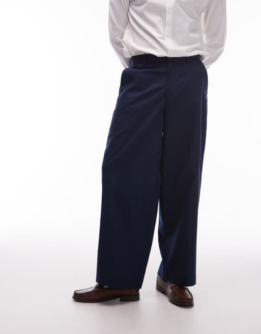 Topman wide leg linen blend pants in navy