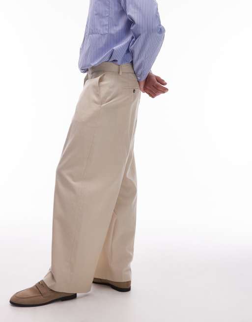 Topman wide leg linen blend trousers in stone