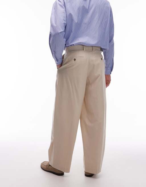 Topman wide leg linen blend trousers in stone