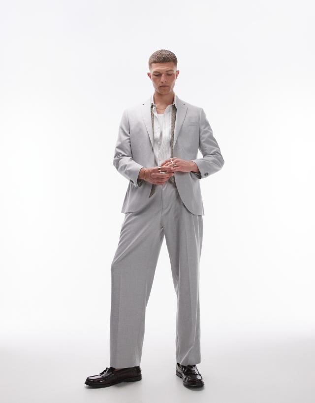 Topman - wide leg linen blend suit trouser in grey