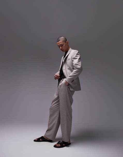 Topman wide leg linen blend suit trouser in stone - view 1