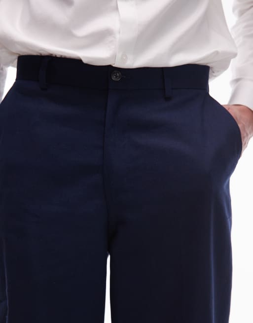 Topman wide leg linen blend trousers in navy, 3 of 5